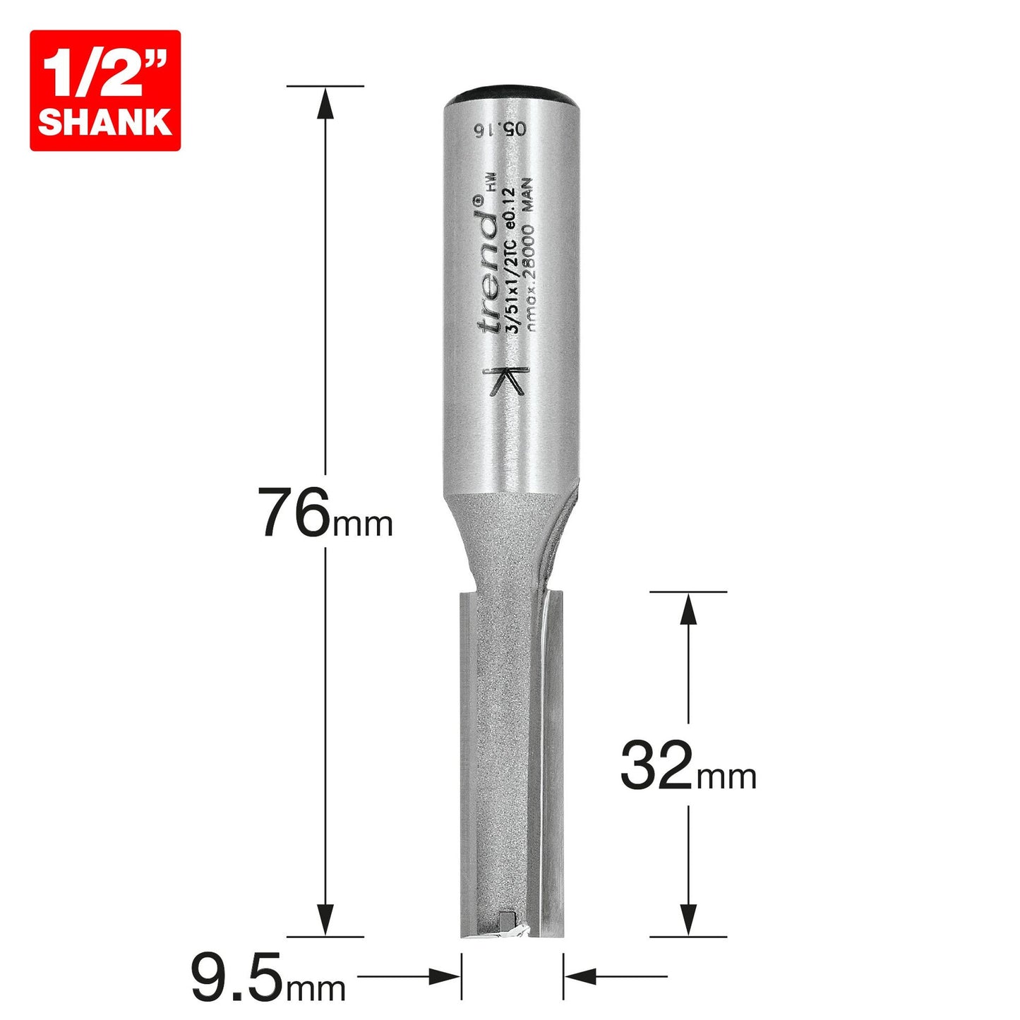 Trend Two Flute Straight Router Cutter 9.5mm Diameter Shank 1/2in 3/51X1/2TC Size