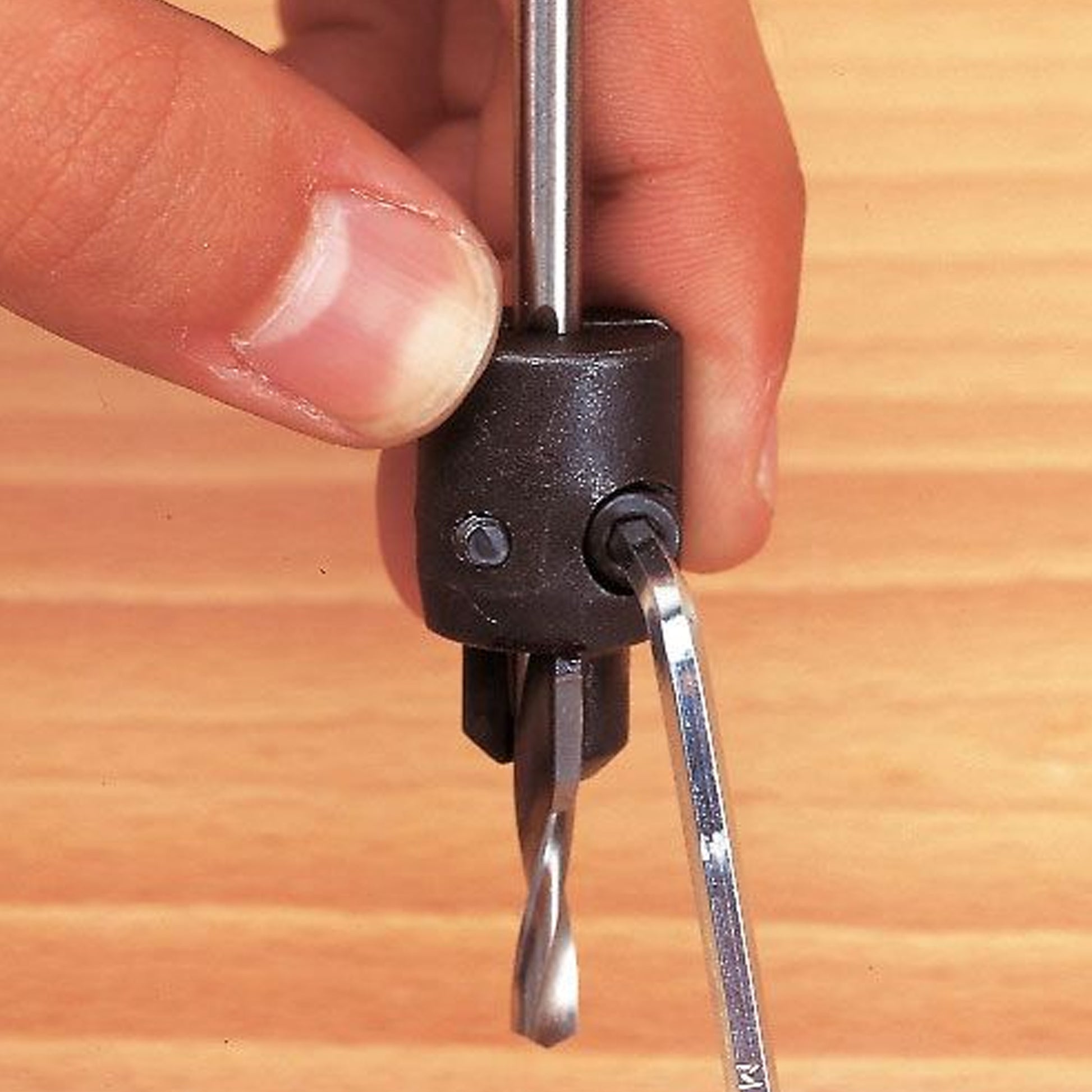 Trend Universal Countersink Drill Bit Clamp UNI/CS Being Fitted to a Drill Bit